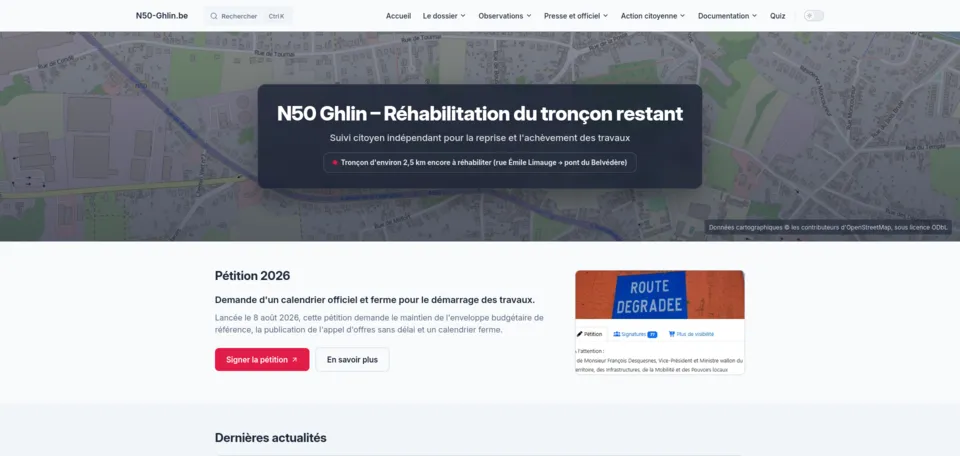 Capture d’écran de N50-Ghlin.be : page d’accueil avec la carte du tronçon et la pétition 2026