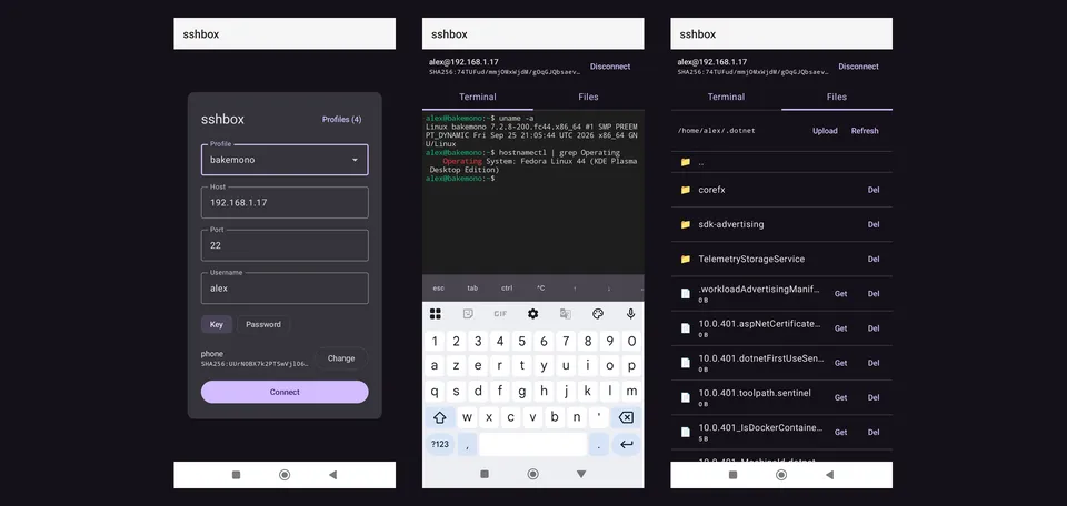 Trois captures d’écran de sshbox sur Android : connexion, terminal et navigateur de fichiers